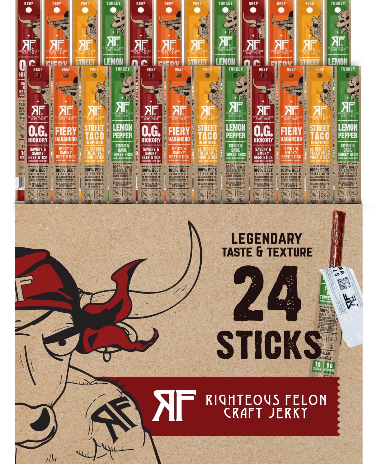 Meat Sticks Variety Pack 24 Count High Protein Gluten Free Grass Fed Beef Turkey