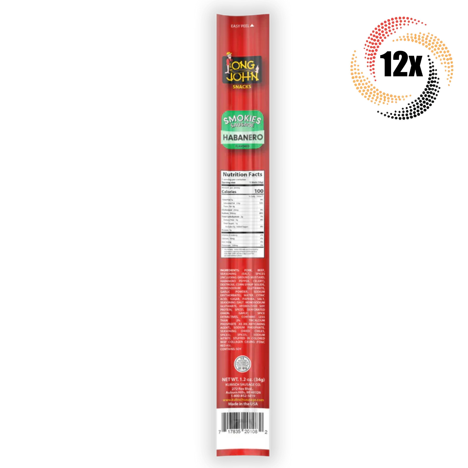 12x Sticks Long John Smokies Habanero Smoked & Pickled Sausage Stick | 1oz