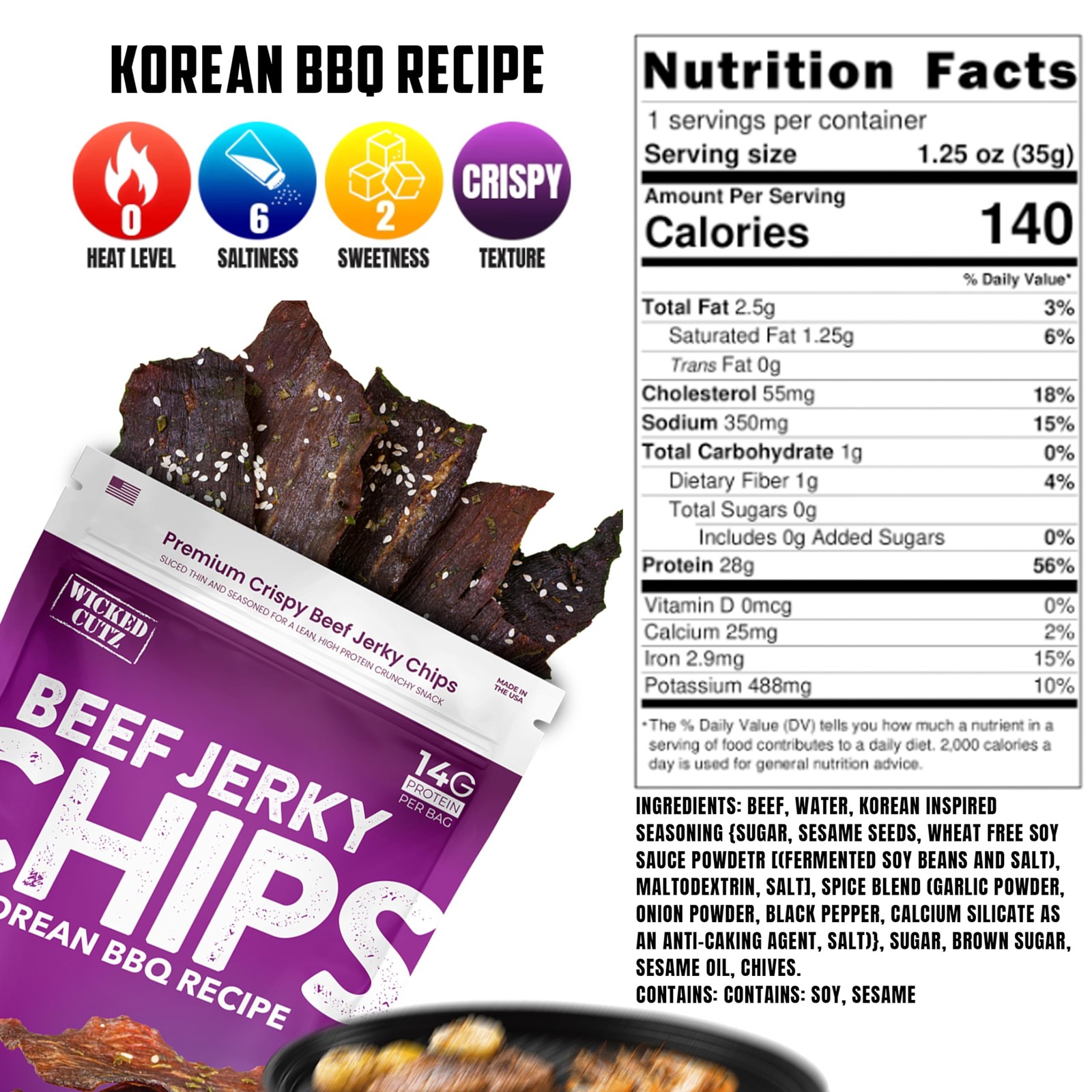 Wicked Cutz Korean BBQ Beef Jerky Chips, 14g Protein per Bag, Crispy Crunchy…