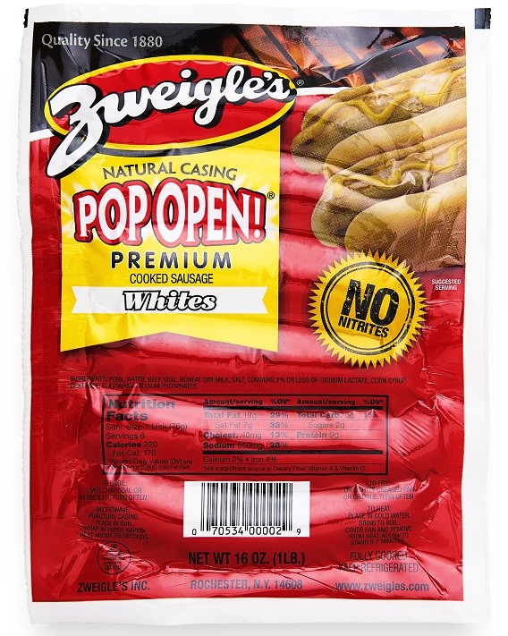 Zweigle’s Natural Casing White Pop Open Hot Dogs 7 lbs