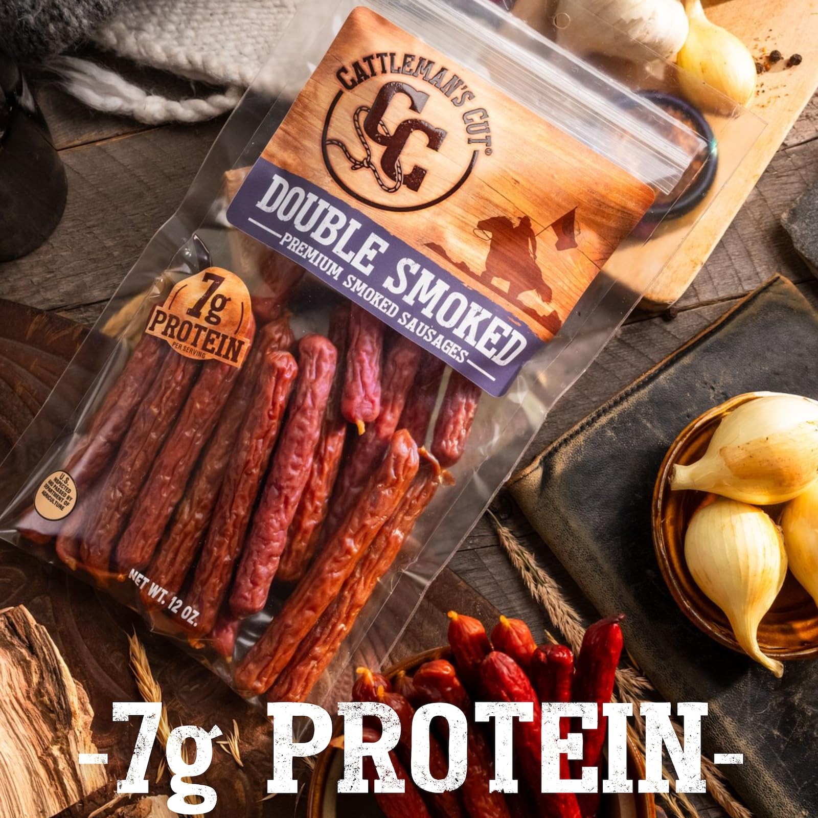 Cattleman’s Cut Double Smoked Sausages Meat Sticks Premium Protein Snacks, 12 oz