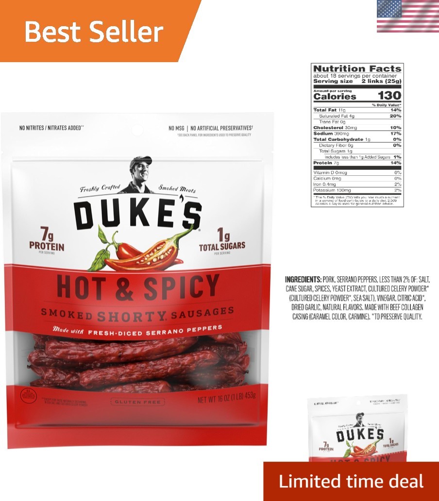 16oz Duke’s Hot & Spicy Pork Sausages – 7g Protein, Gluten-Free Gourmet Treat