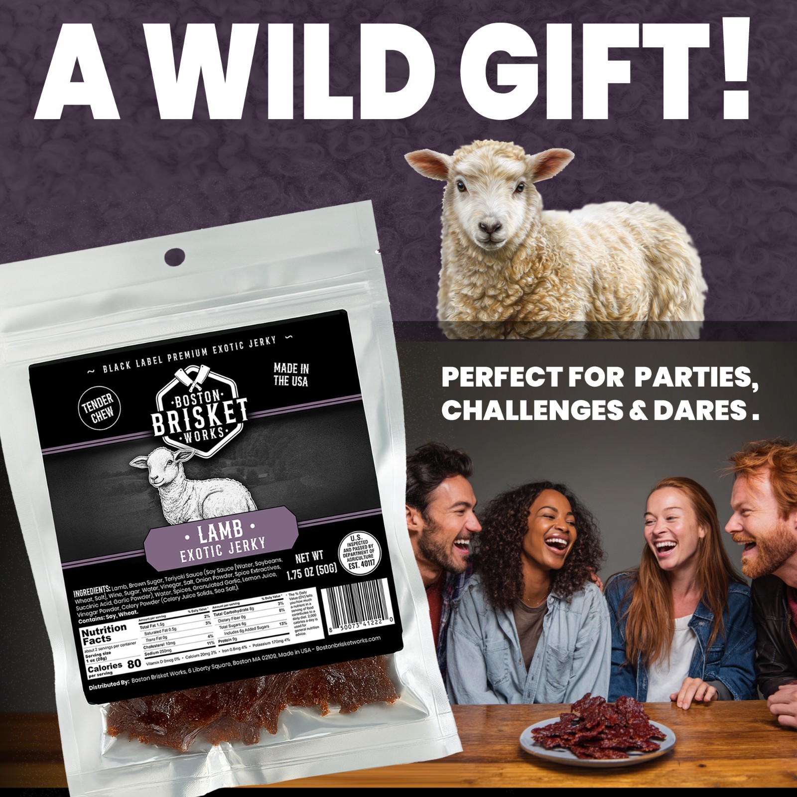 LAMB JERKY – Exotic Wild Game Snack – Made in the USA – Fast Shipping!