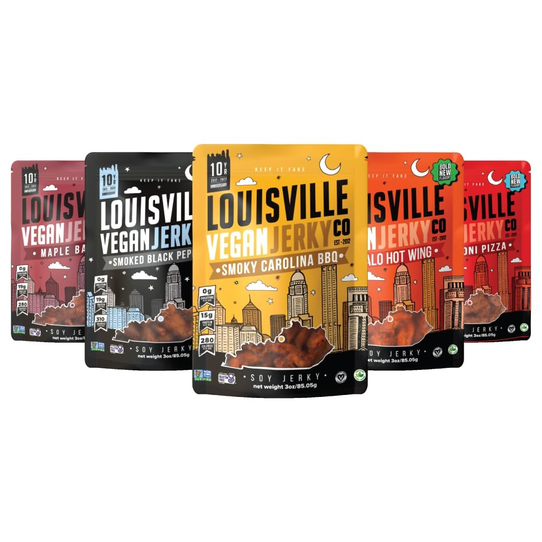 Louisville Vegan Jerky Variety Pack 5 Flavors High Protein Low Fat Gluten Free