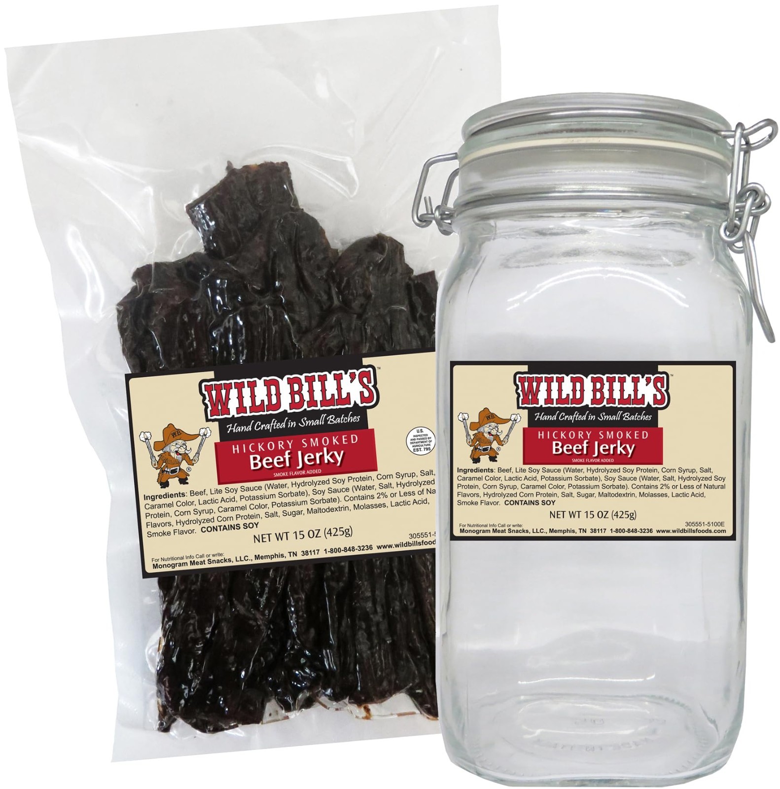 Hickory Smoked Beef Jerky Starter Kit – 15oz Bag & Jar – Perfect Snack Pack