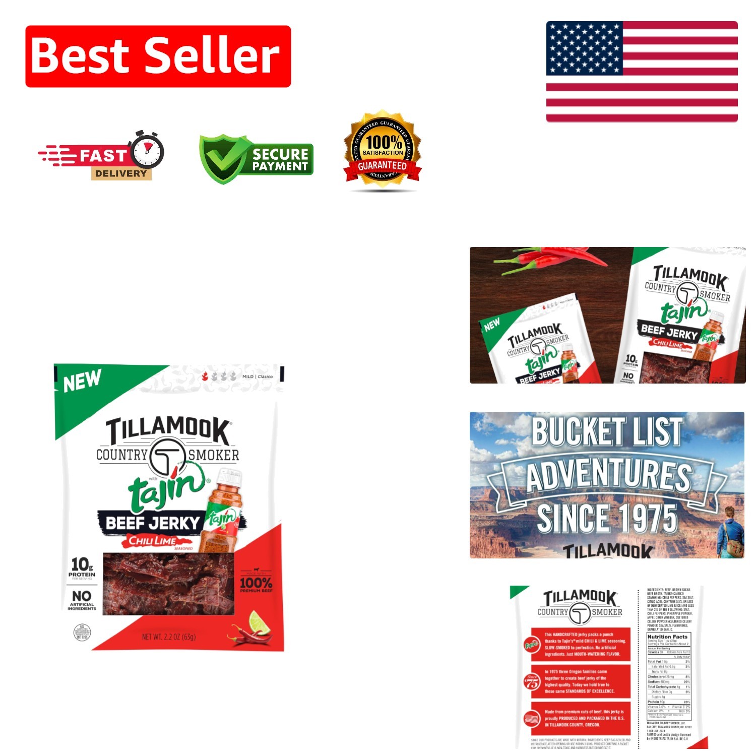 Tillamook Beef Jerky – Gluten-Free, High Protein Snack with Tajin Flavor, 2.2 oz