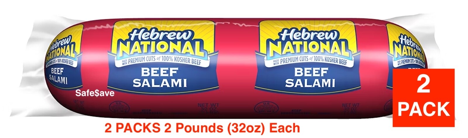 2-PACK 2 Lbs Each Hebrew National Salami, Beef Salame Total Weight 64 oz (4 Lbs)
