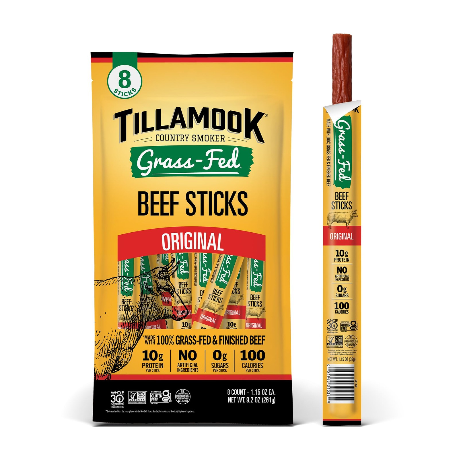Tillamook Country Smoker 100% Grass Fed Beef Sticks, Original, 1.15oz, 8 pk