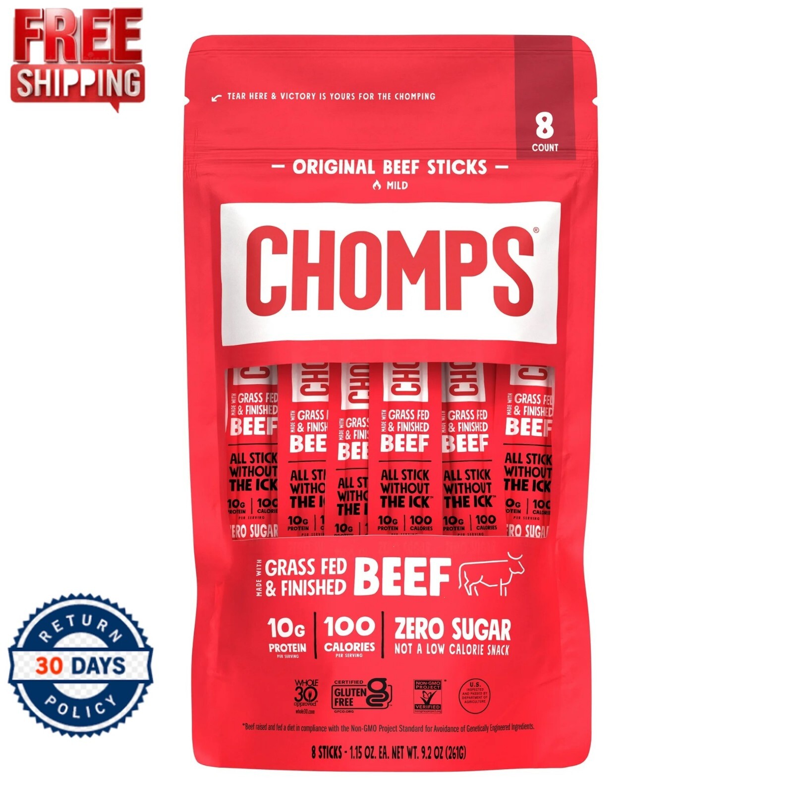 Chomps Grass-Fed and Finished Original Beef Jerky Meat Snack 8 Pack, 1.15oz Stic