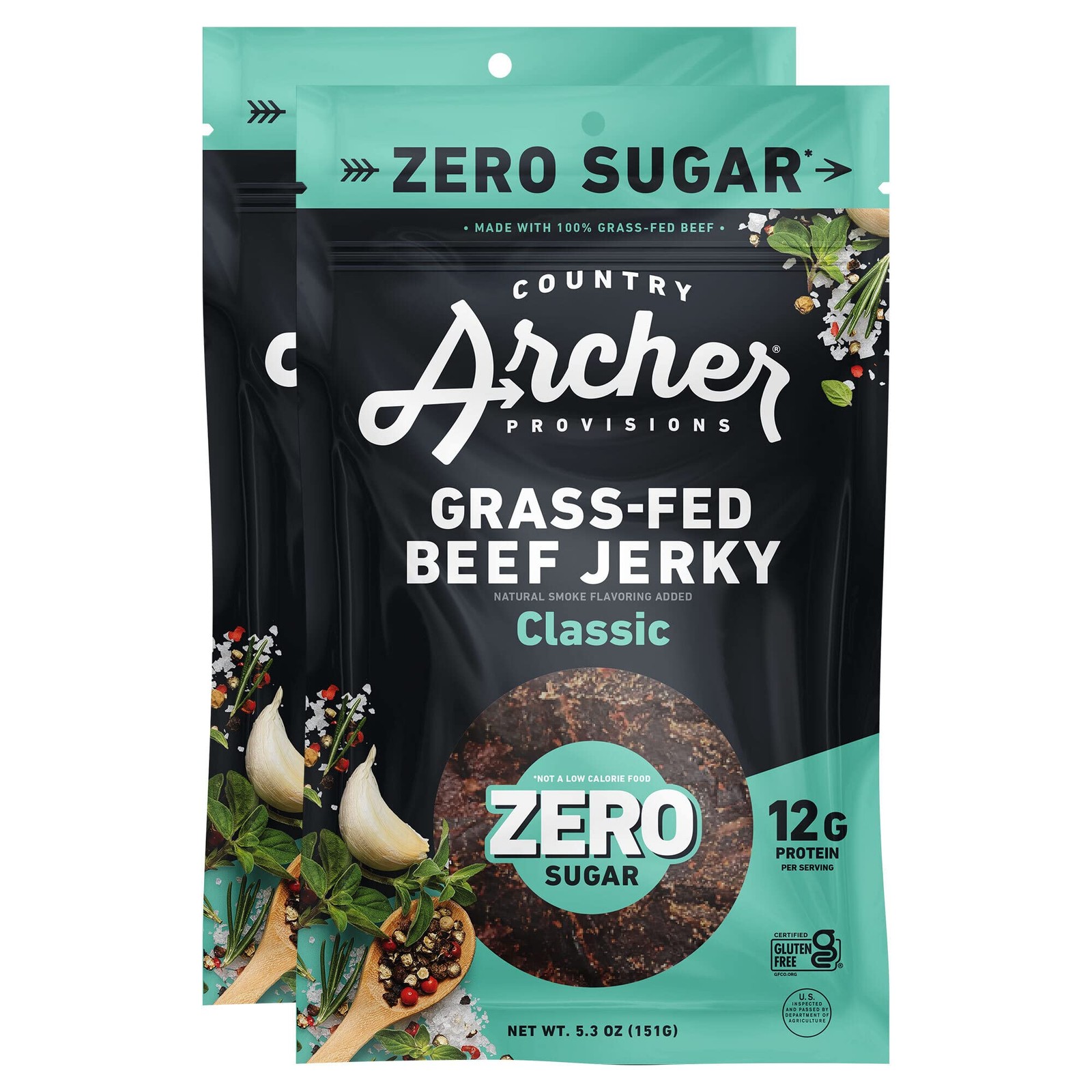 Zero Sugar Classic Beef Jerky by Country Archer, 100 Grass-Fed, Sugar Free, G…