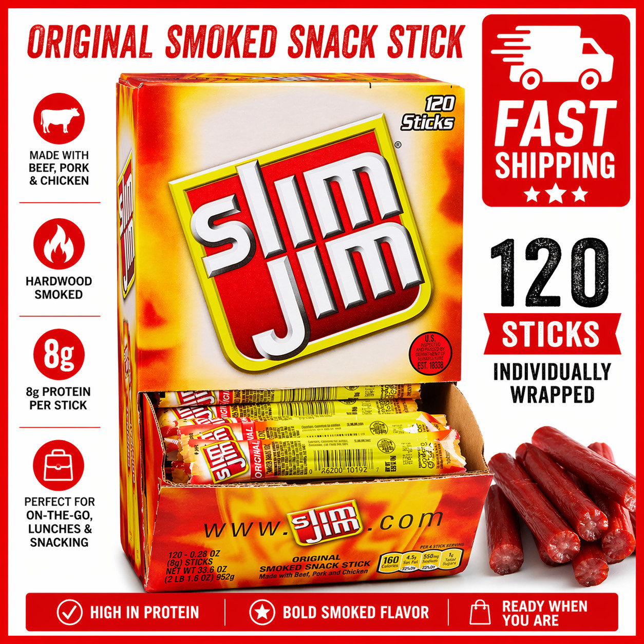 Slim Jim Snack Sized Smoked Meat Sticks, Original Flavor, 0.28 oz, 120 Count