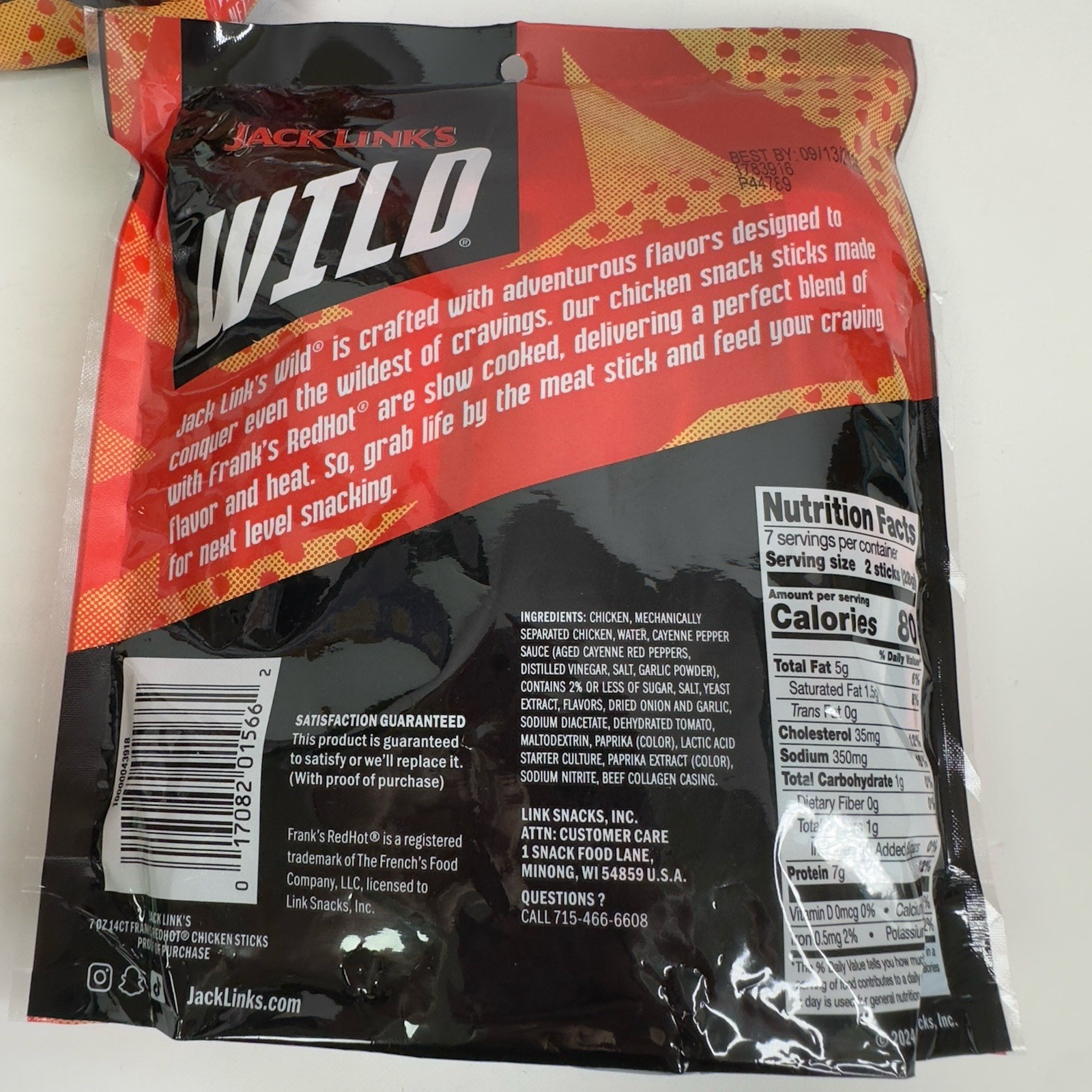 Jack Link’s Wild Frank’s RedHot Chicken Sticks 7 oz bag (14 sticks) x 2 FREE SHP