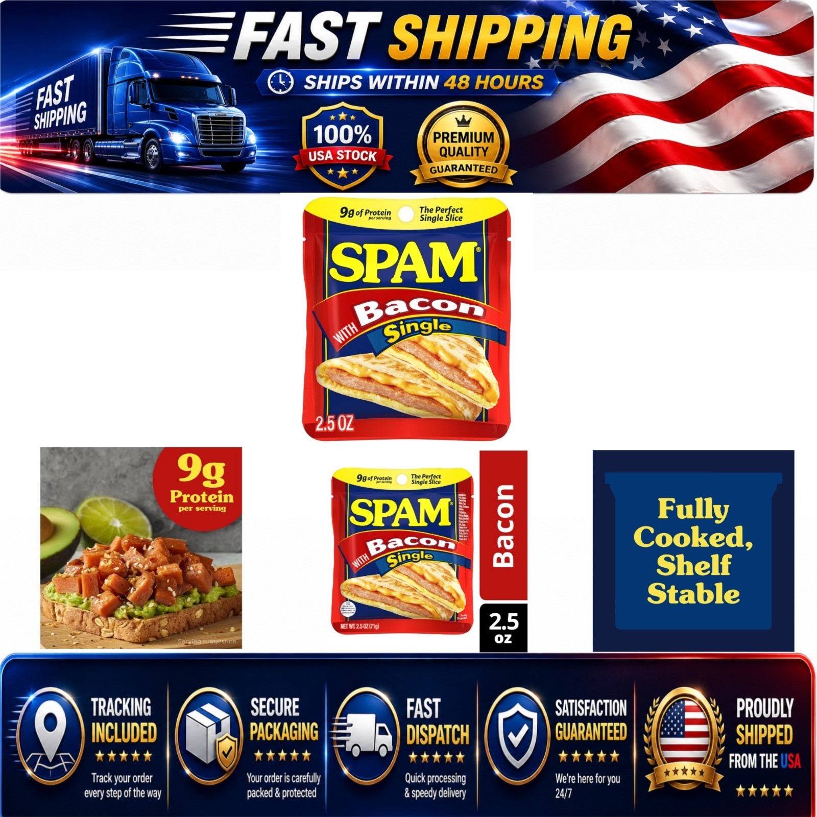 SPAM Single Bacon 2.5oz Pouch (Pack of 12) | Fully Cooked Pork