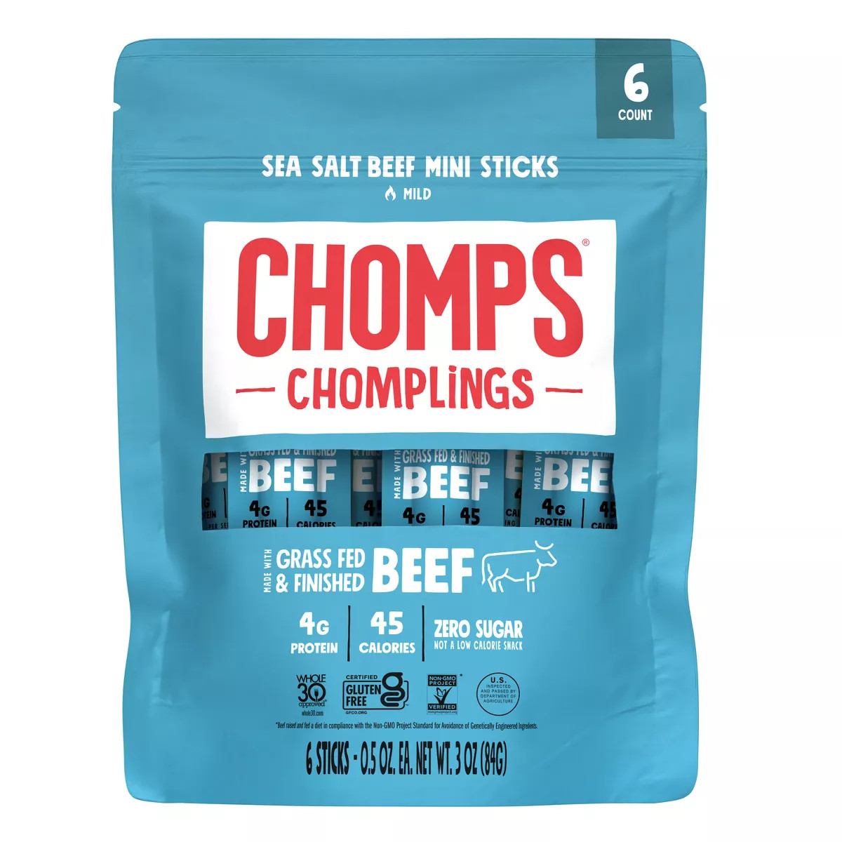 Chomplings Sea Salt Beef Mini Jerky Meat Sticks 4g of Protein 6 Count)
