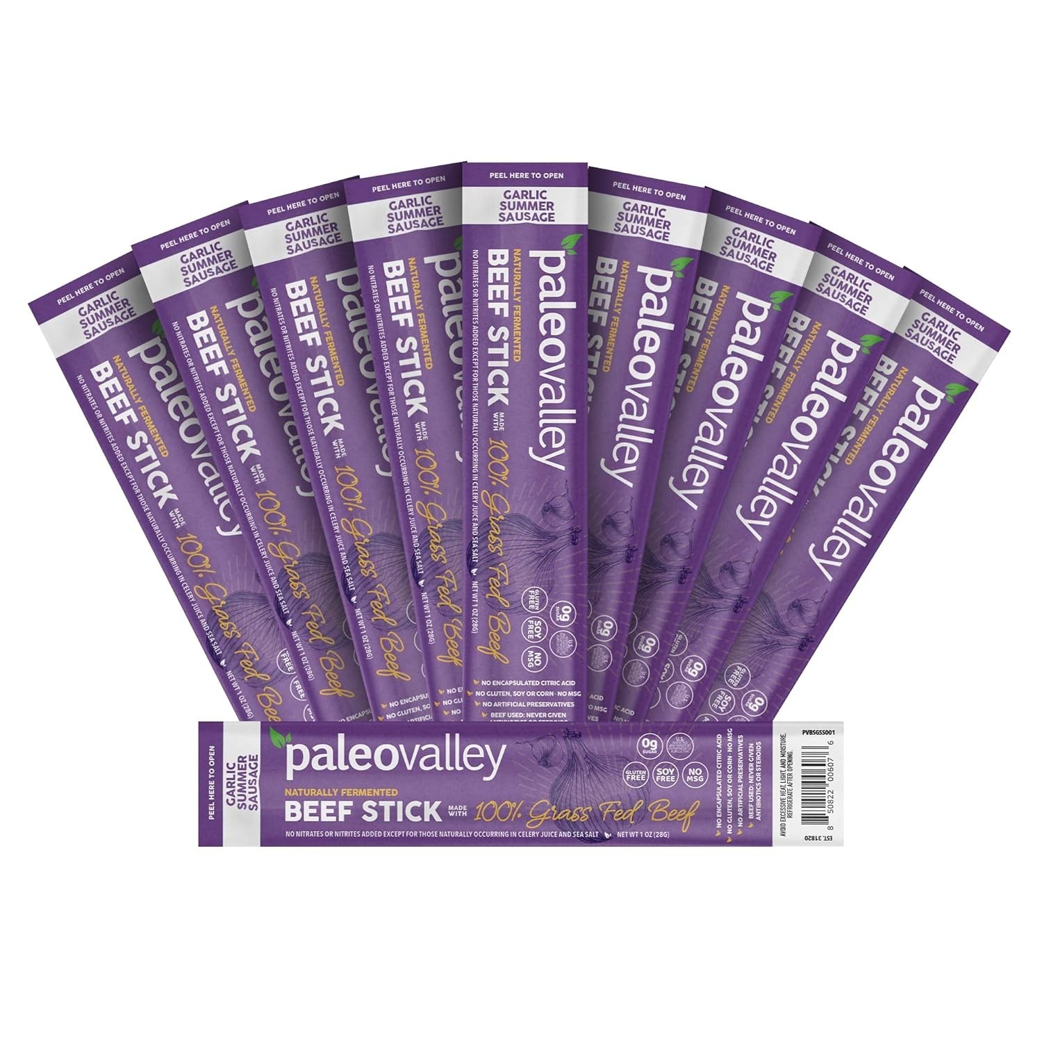 Paleovalley 100% Grass Fed Garlic Summer Sausage Beef Sticks High Protein 10 Pck