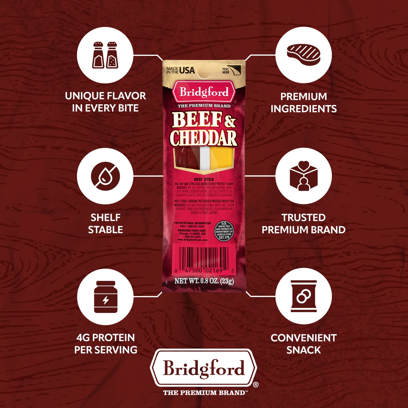 Bridgford – Beef & Cheddar Stick – Pack of 6