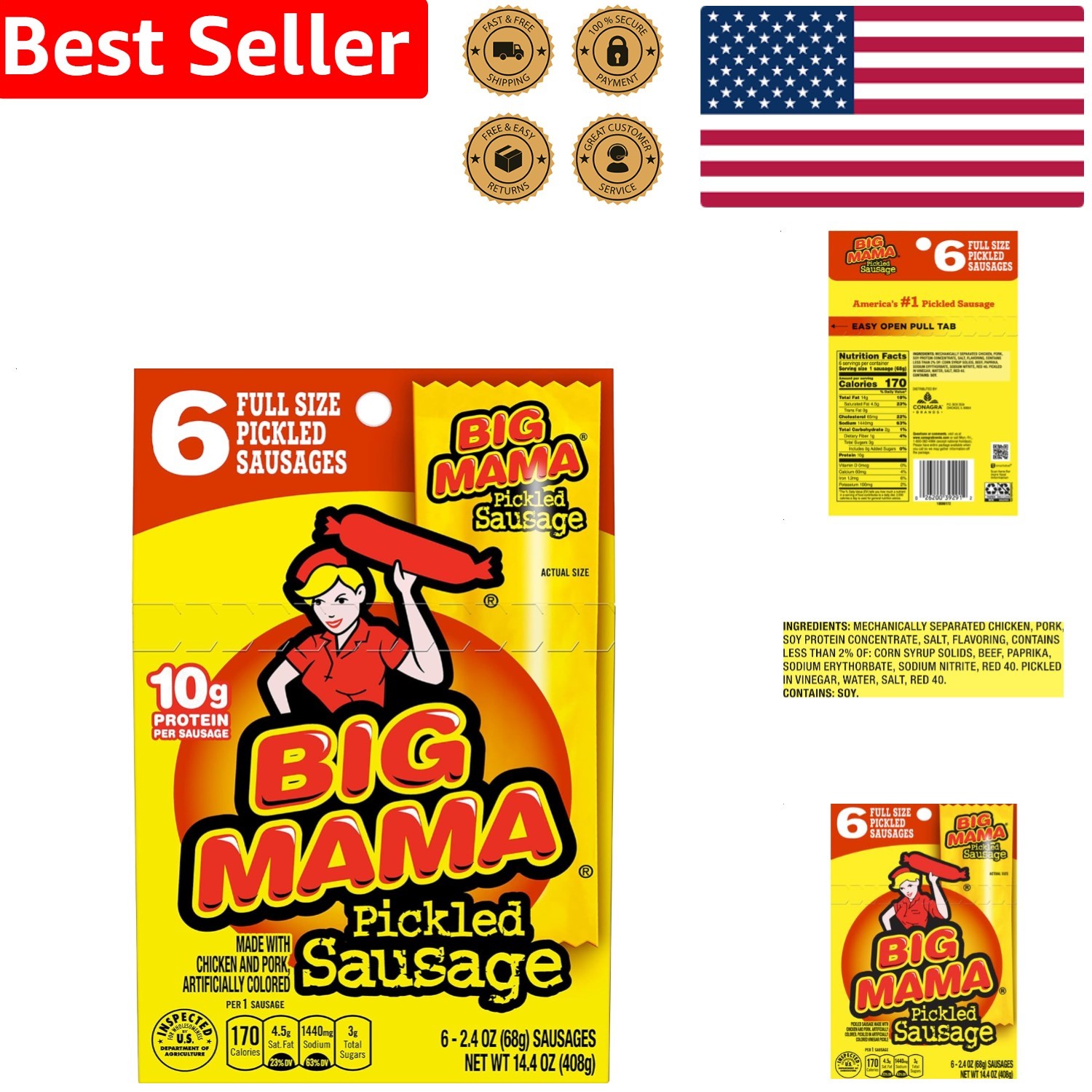Big Mama Pickled Sausages 6 Count 2.4 Oz Savory Keto Friendly Snack
