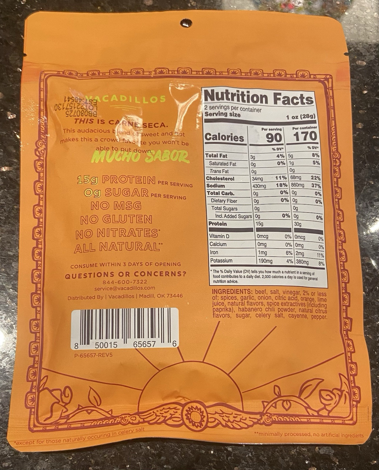 Vacadillo Carne Seca Air Dried Beef Habanero 15 g Protein 2 Oz. Pouch