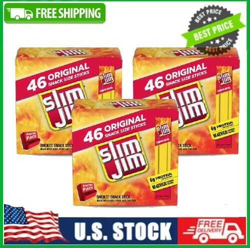 3 Pack Slim Jim Original Smoked Snack Sized Sticks Pantry Pack, 46 Count Box