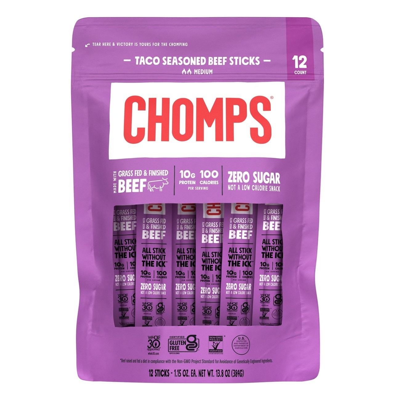 Chomps Taco Seasoned Grass-Fed Beef Sticks, 1.15 Ounce (Pack of 12)