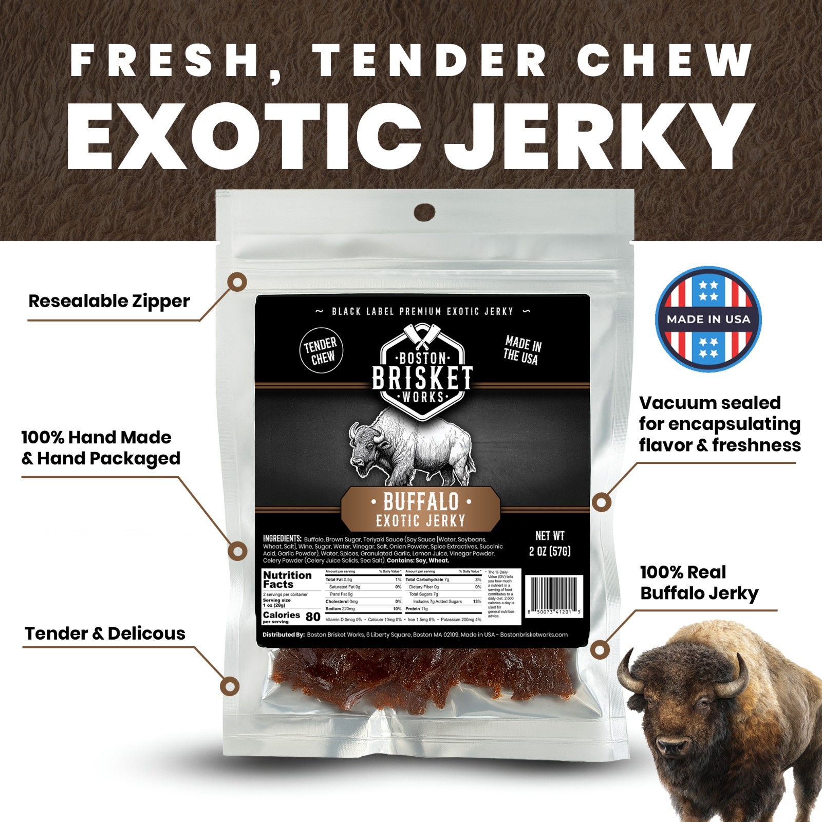 BUFFALO JERKY – Exotic Wild Game Snack – Made in the USA – Fast Shipping!