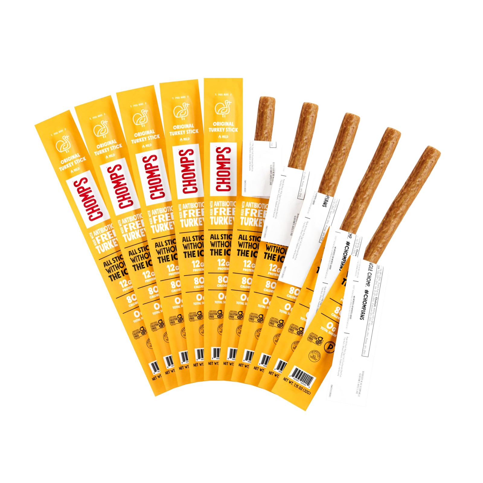 Chomps Original Turkey Jerky Meat Snack Sticks 1 Count (Pack of 10), Yellow