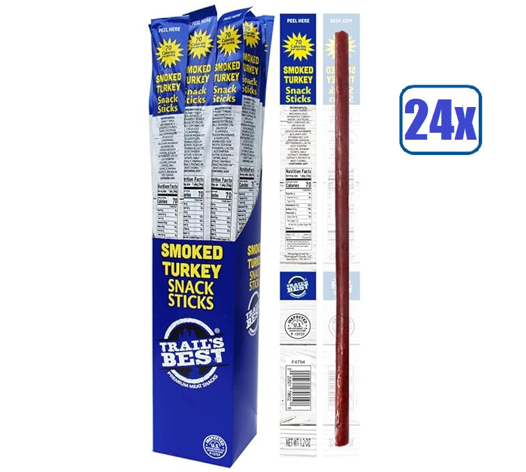 Full 24-ct Box Trail’s Best 1.2oz Smoked Turkey Snack Sticks