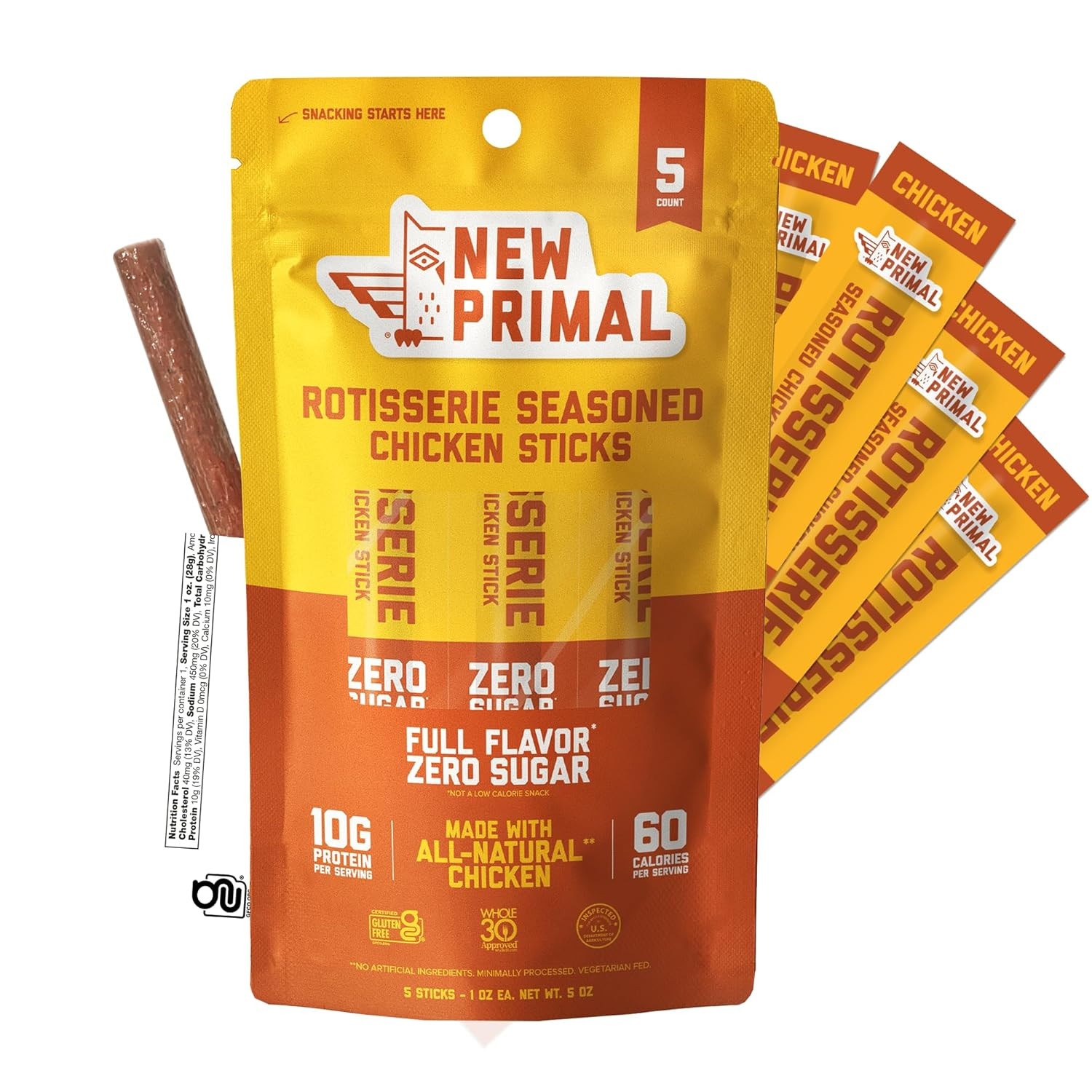 New Primal Rotisserie Chicken Sticks, Zero Sugar High Protein Snack, Gluten Free