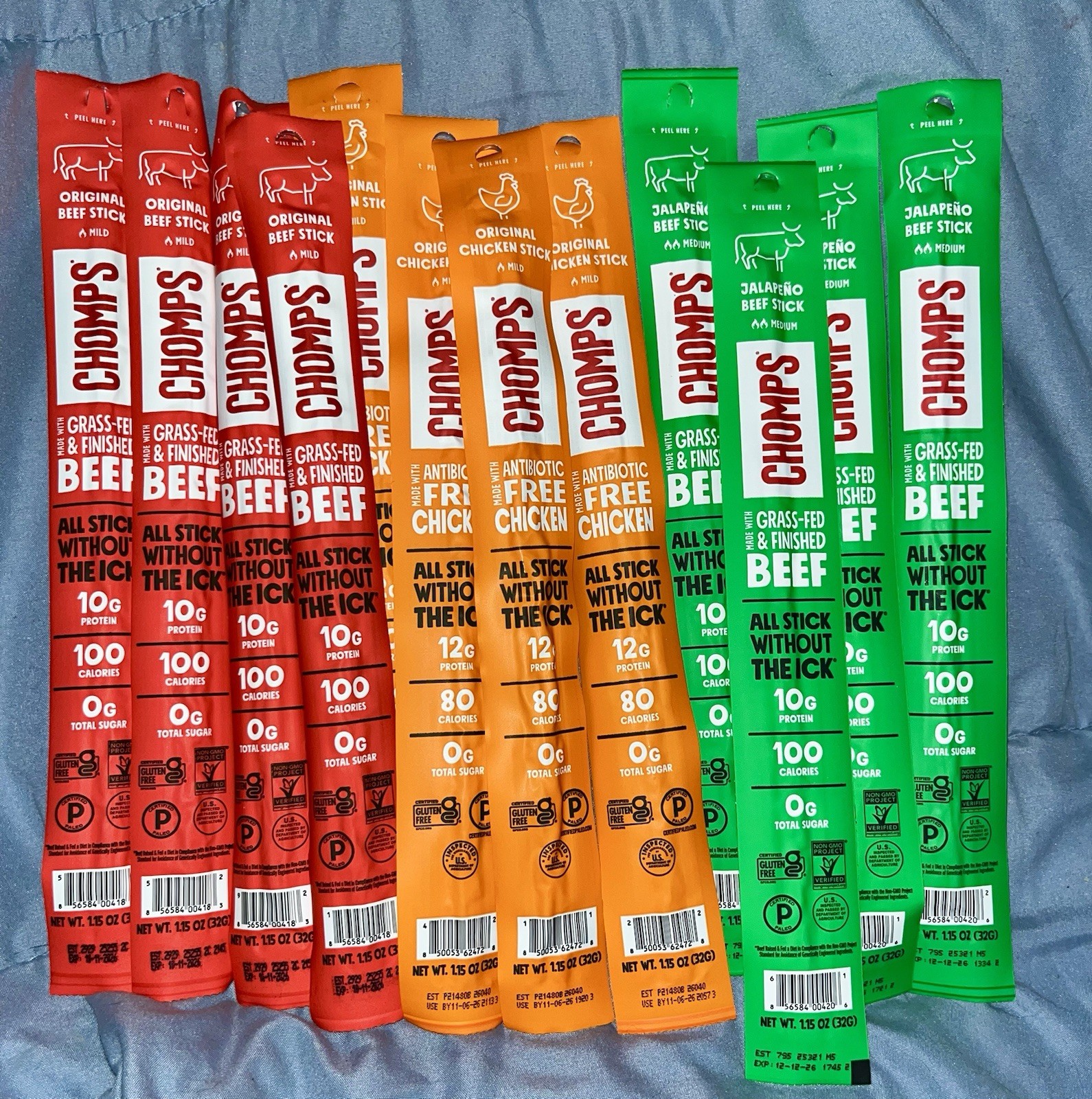 12 Full Sz Chomps 4 Beef 4 Jalapeño 4 Chicken Grass Fed Antibiotic Free 10/12/26