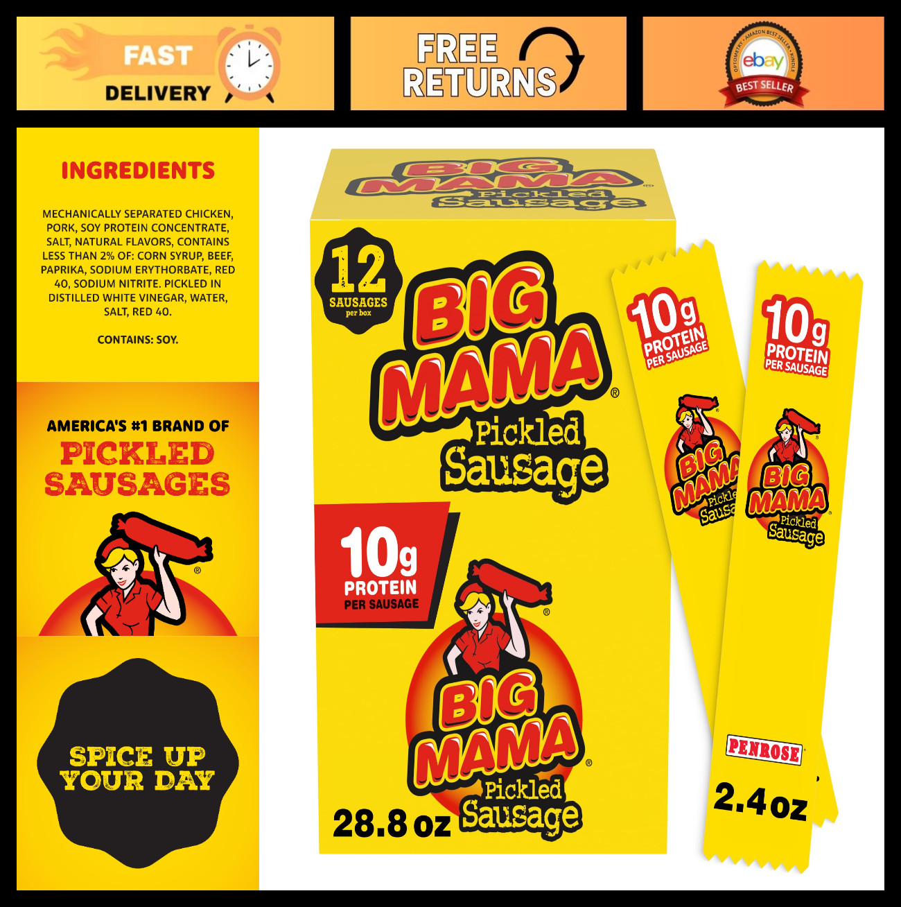 Keto-Friendly Pickled Sausages, Big Mama, 2.4 oz, 12 Pack – Low Carb Snack