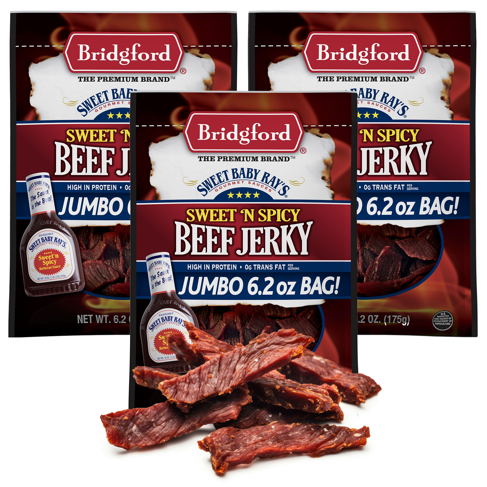 Bridgford Sweet Baby Ray’s High Protein Beef Jerky , 6.2 oz (Pack of 3)