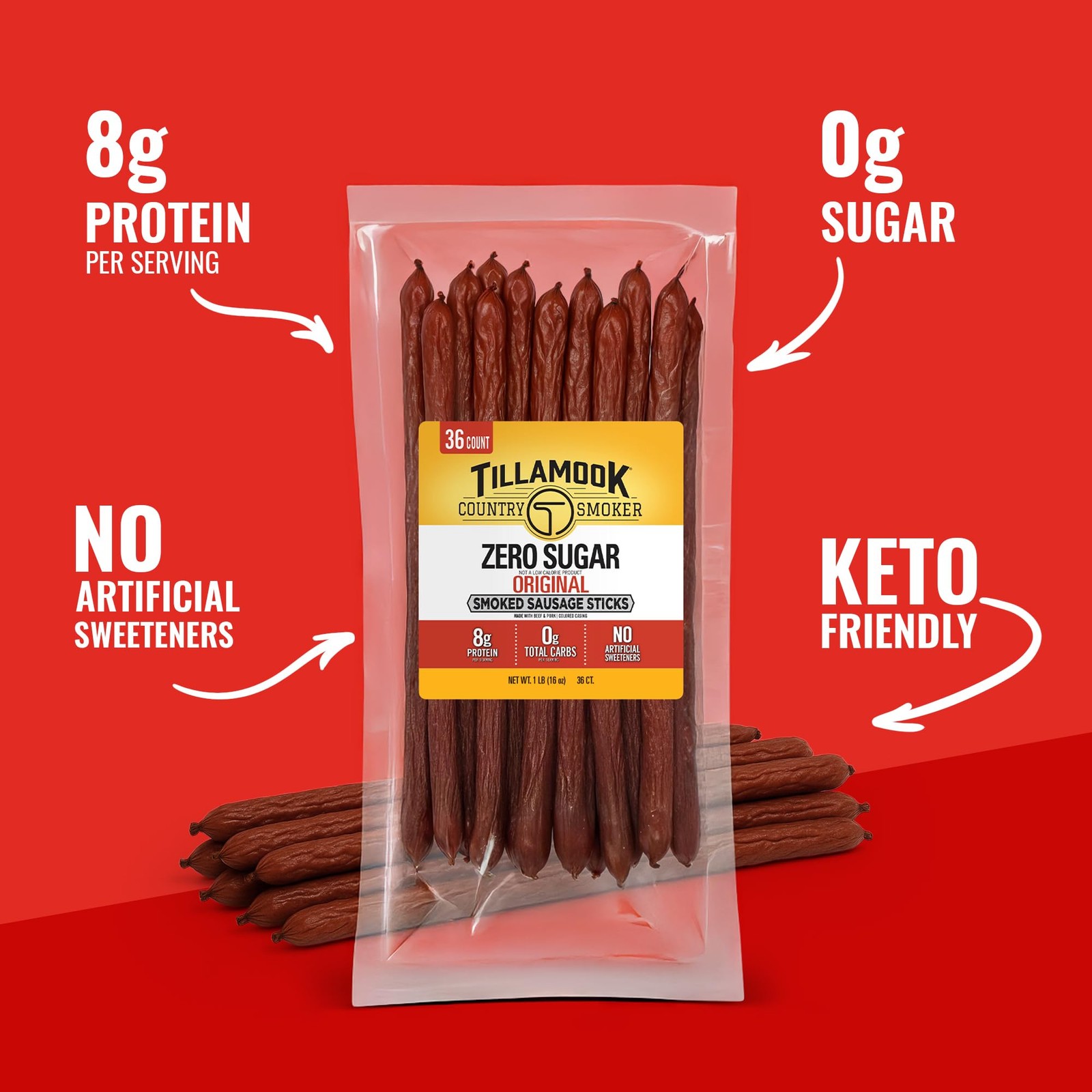 Tillamook Country Smoker Smoked Sausage, Zero Sugar, Original, 16 Ounce 36 Co…