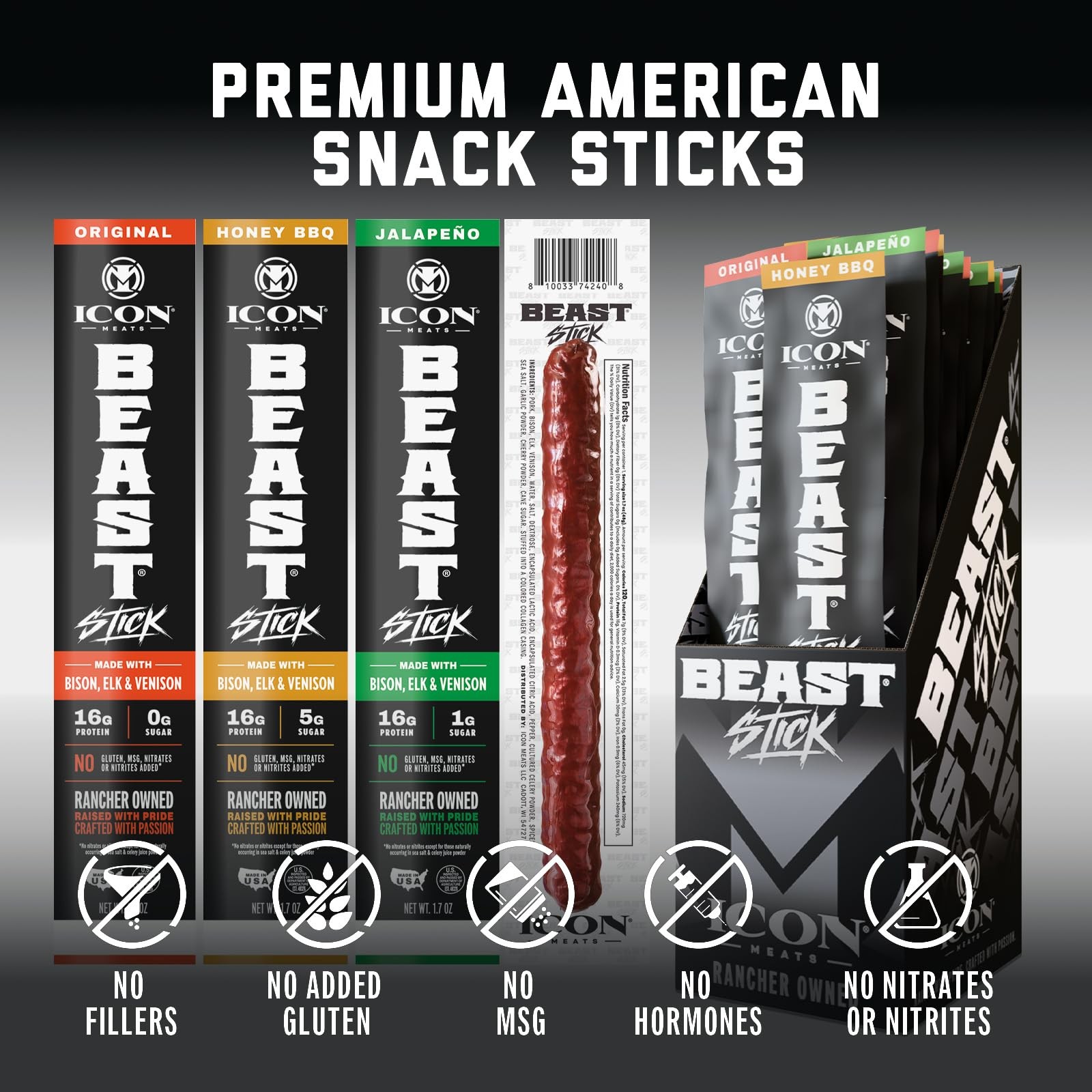 ICON Meats BEAST Stick Sampler Assorted Flavors of ICON Meats Bison, Elk, Ve…