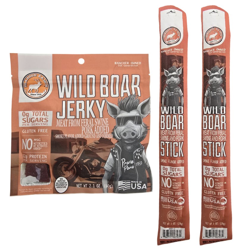Sampler – Wild Boar Jerky & Meat Sticks Pearson Ranch by Gehrke Jerky Lot