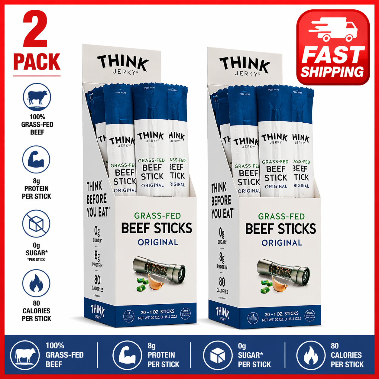 2PACK Think Jerky, Original Grass-Fed Beef Sticks 1.0 Ounce Sticks, Pack of 20