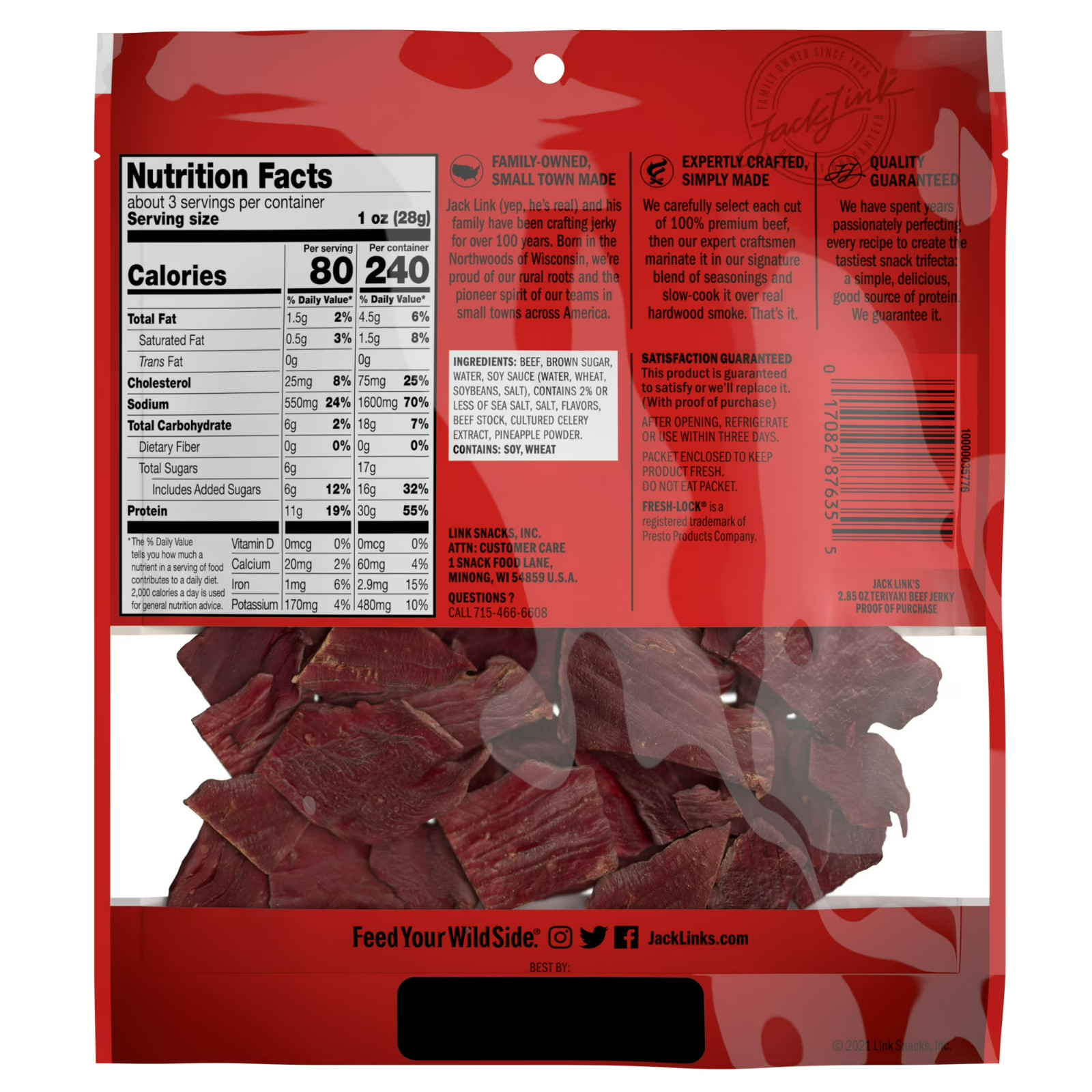 Jack Link’s Beef Jerky, Teriyaki, Made with 100% Beef, 11g of Protein 2.85 oz