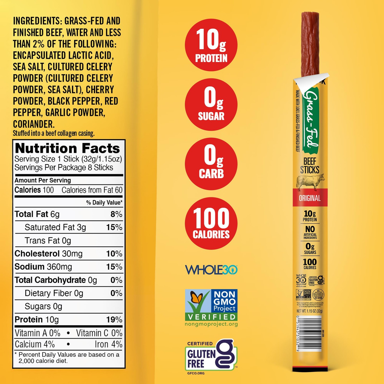Tillamook Country Smoker 100% Grass Fed Beef Sticks, Original, 1.15oz, 8 pk