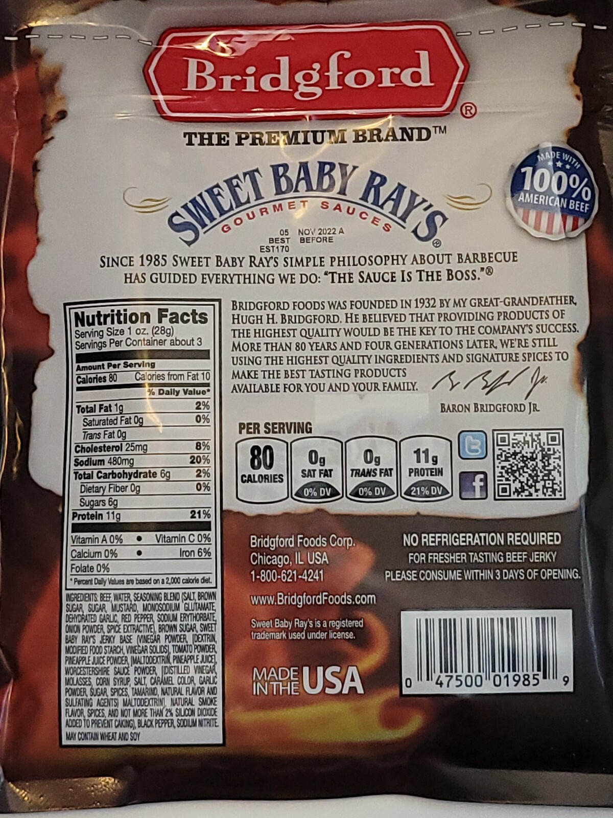 Bridgford Sweet Baby Ray’s Beef Jerky Peppered 2.85 oz Bag