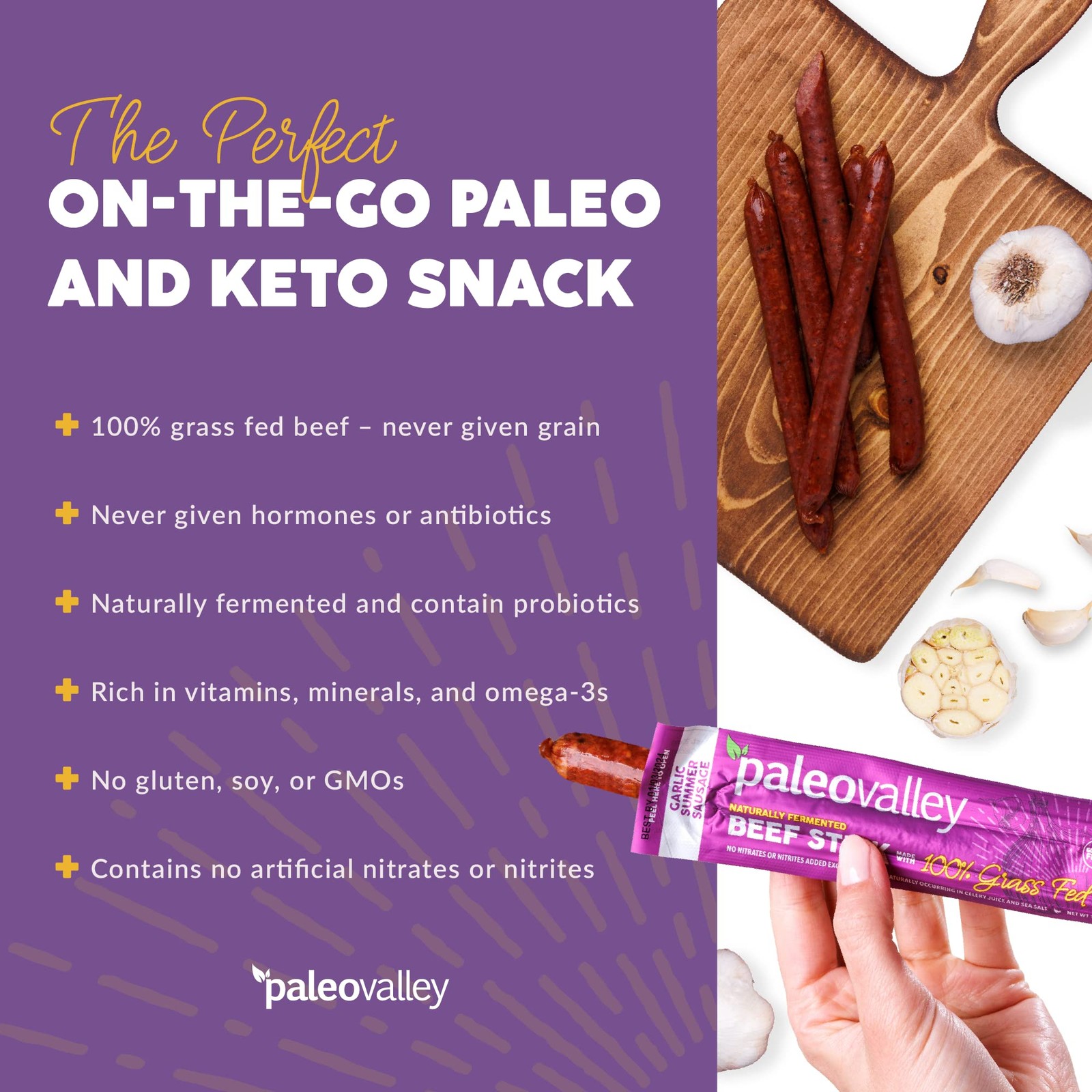 Paleovalley 100% Grass Fed Garlic Summer Sausage Beef Sticks – Delicious Gluten