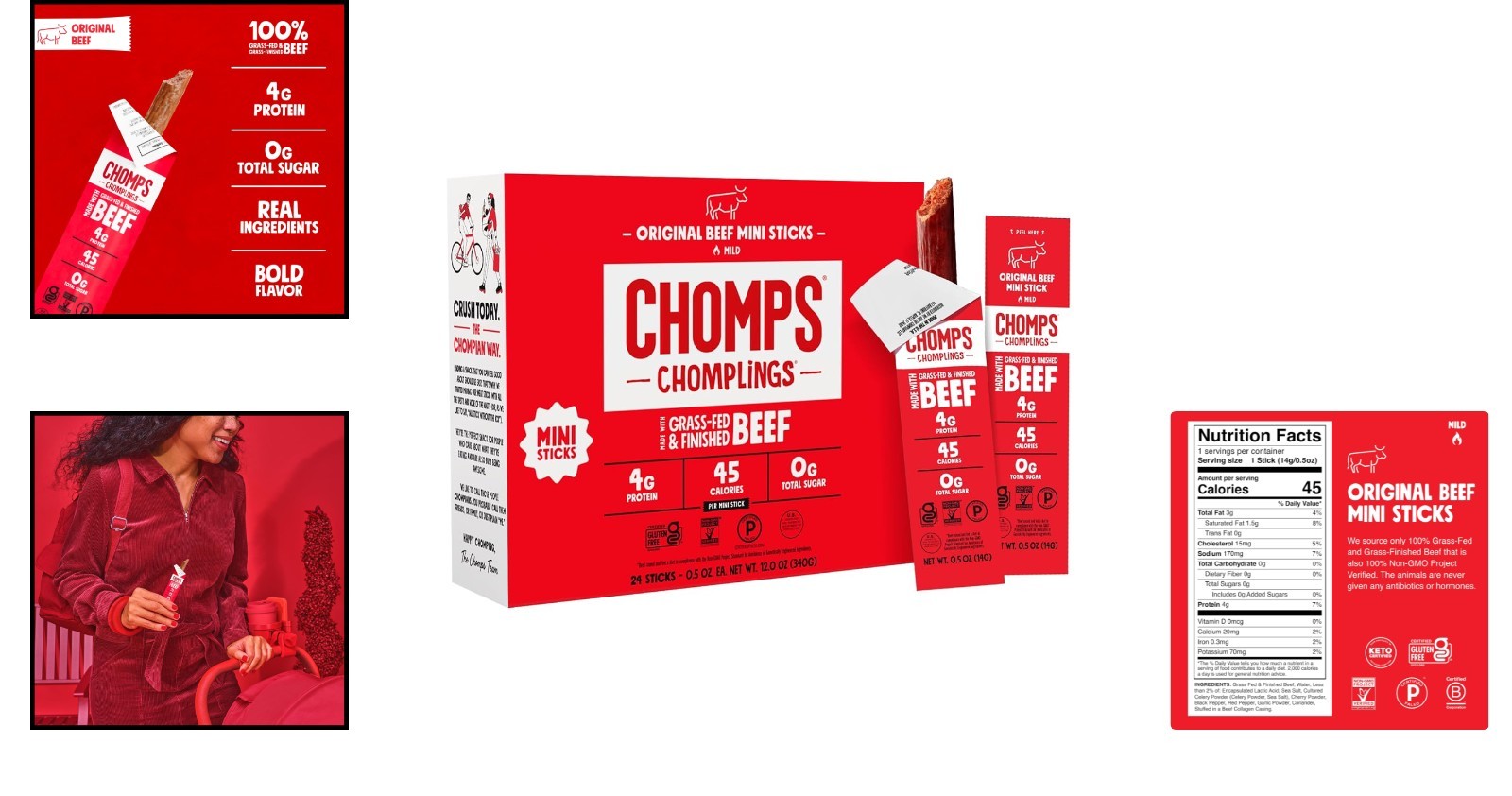 Savory Grass-Fed Beef Jerky Snack Sticks – 24-Pack, 4g Protein Sticks