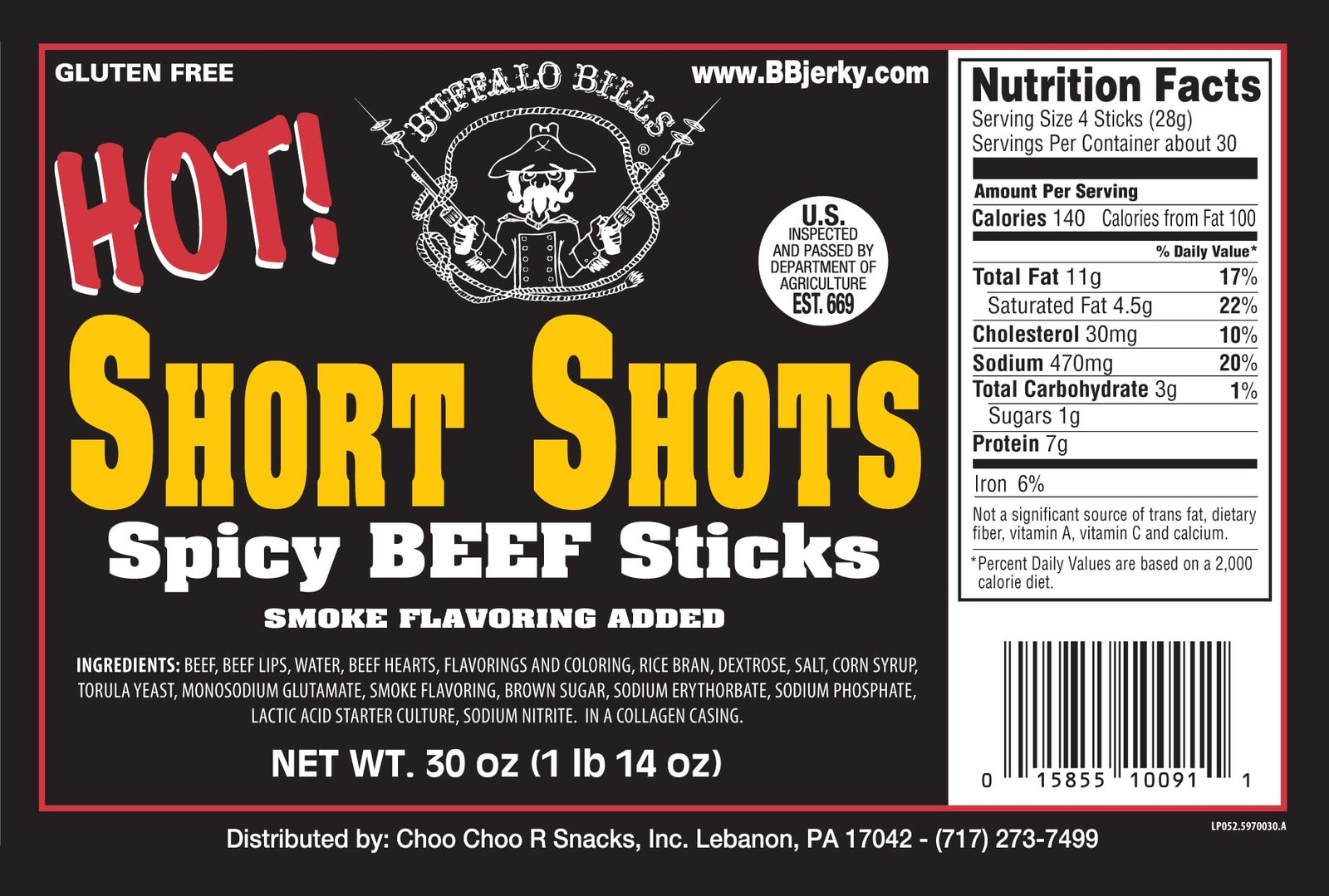 Hot Short Shots (120 hot and spicy 3.5” beef sticks per 30oz bag)
