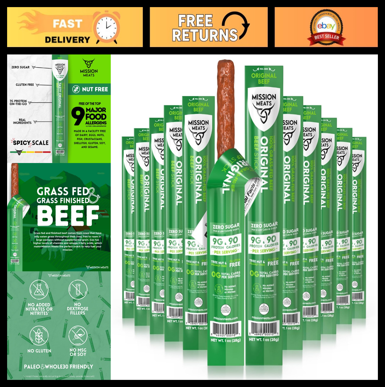 100% Grass Fed Beef Sticks – Zero Sugar, Gluten Free, Healthy Snacks, 1oz (24 Pa