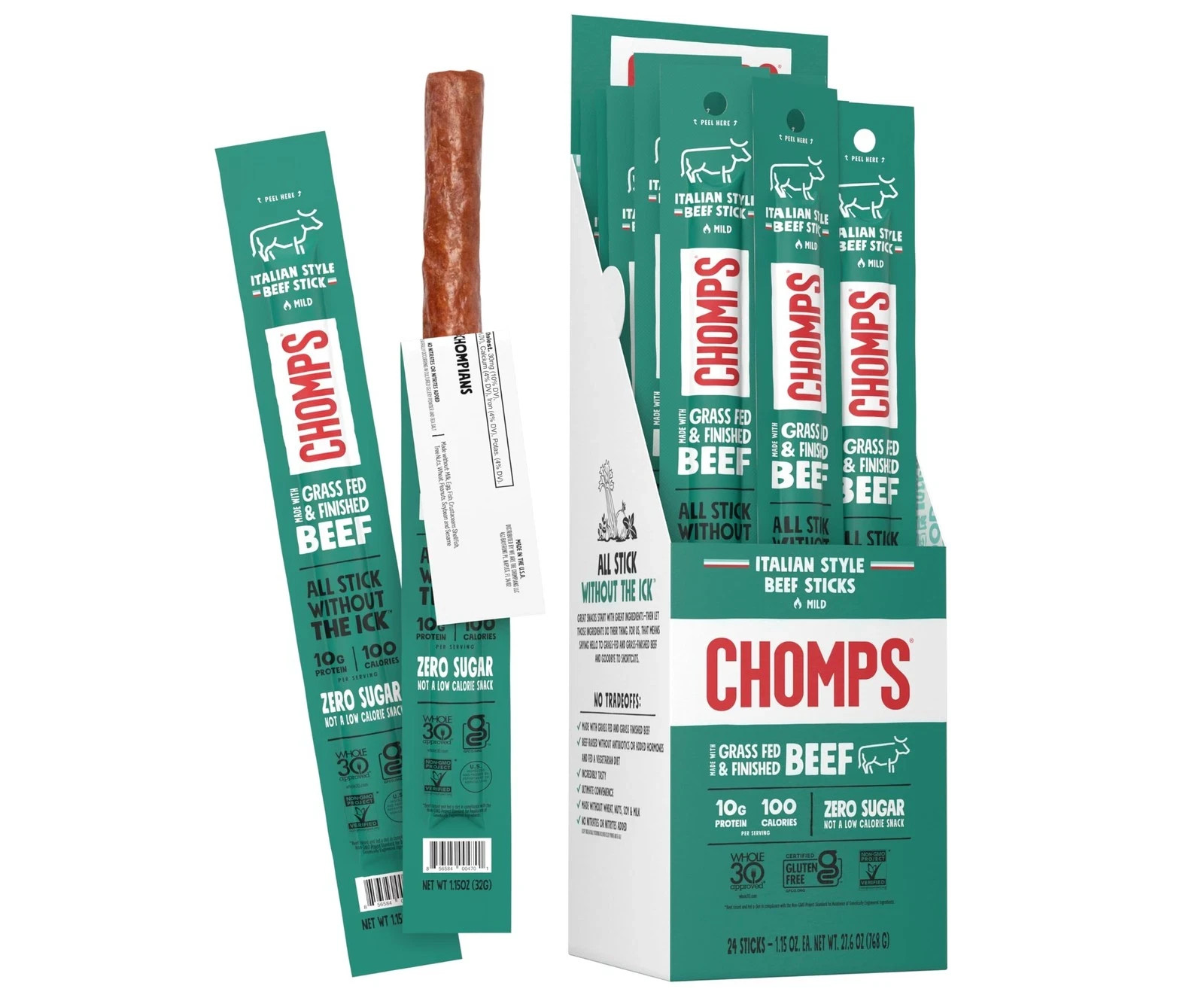 CHOMPS Grass Fed Italian Style Beef Jerky Snack Sticks, Keto, Whole30, Paleo,…