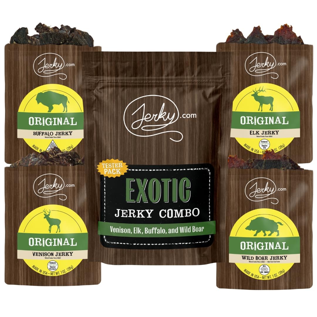 Exotic Jerky Variety Pack | 4pc Wild Game Snacks Sampler with Venison, Elk, B…