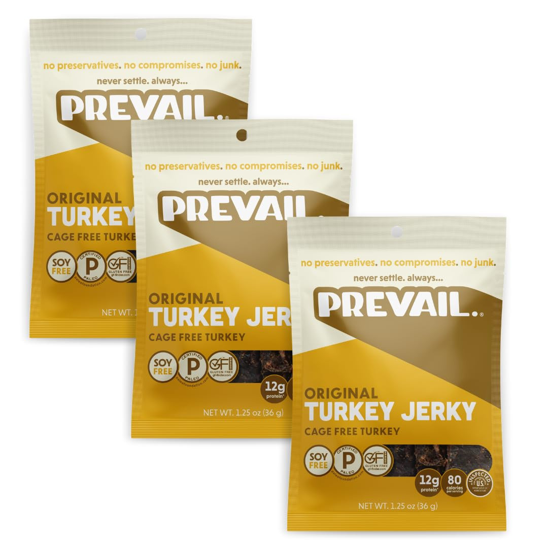 Free-Range Turkey Jerky, by PREVAIL – Low Sodium and Gluten Free! | Pack of (3)