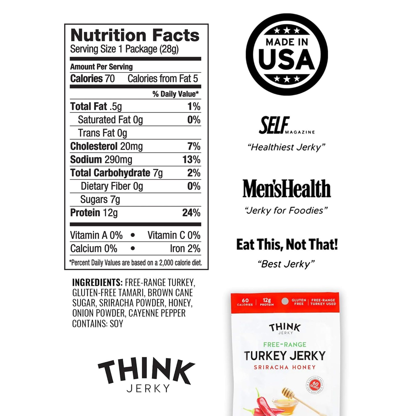 Think Jerky Sriracha Honey Turkey Jerky, Chef Crafted Free Range Turkey, Glut…