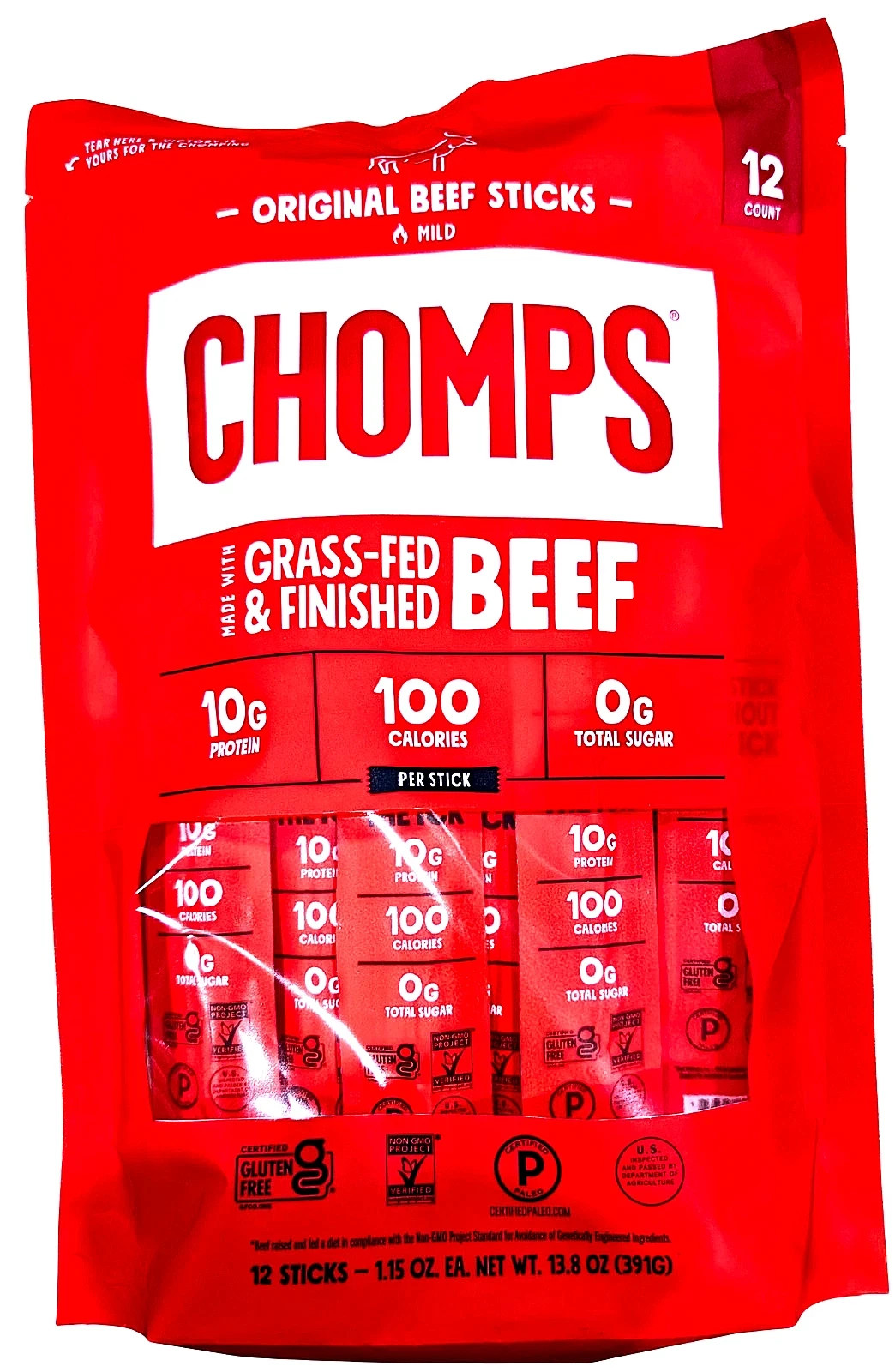 Chomps Original Beef Sticks Mild 12 Individually Wrapped Sticks Grass Fed