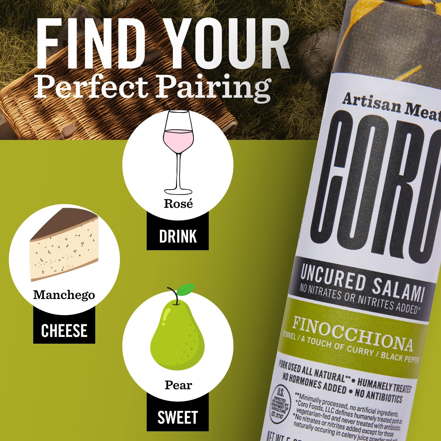 Uncured Finocchiona Artisan Salami Stick – 5Oz | Fennel, Black Pepper & Curry |